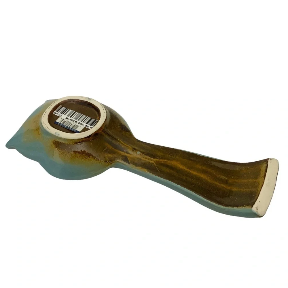Spoon Rest Owl Shape Hand Painted Glazed Ceramic Rustic Brown Blue 10 inch